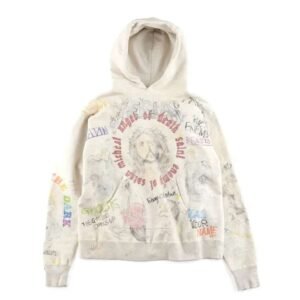 Beige Saint Michael Aged Graffiti Hoodie featuring a vintage graffiti graphic design, streetwear style, and comfortable casual fit.