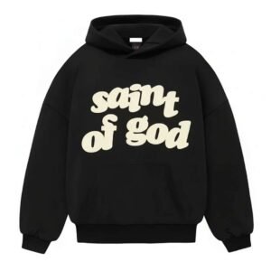 Black Fear of God x Saint Mxxxxxx Saint of God Hoodie in premium streetwear style with a bold Saint of God design and relaxed fit