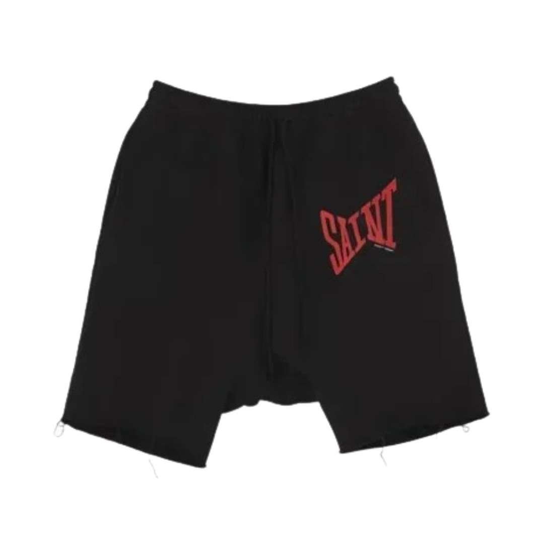 Saint Michael Shorts Black Red Saint Michael Shorts Black Red with red logo and distressed hem