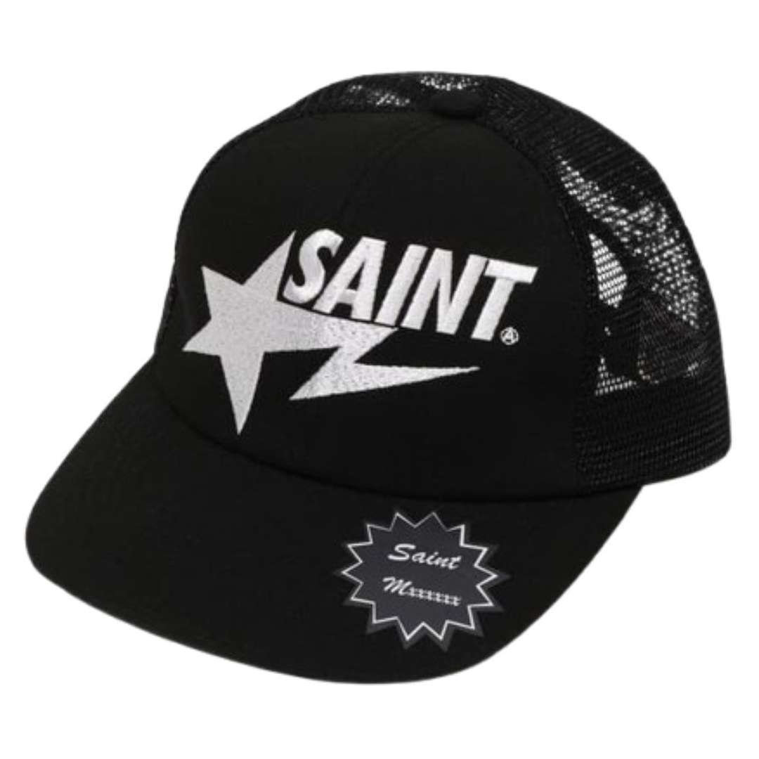 Premium Black Trucker Cap – Stylish Streetwear Hat Premium Black Trucker Cap with Saint logo and mesh back